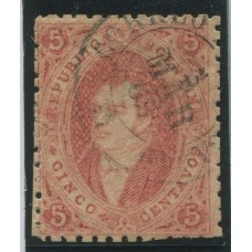 ARGENTINA 1864 GJ 19 RIVADAVIA ESTAMPILLA DE 1ra TIRADA ANGULO INFERIOR IZQUIERDO CASI BLANCO CON MATASELLO 3-MARZO-1865 U$ 30